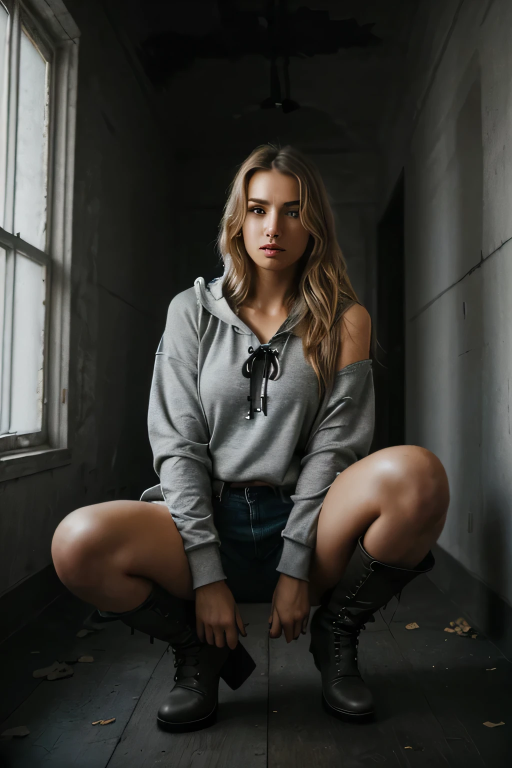 woman, a striking 22-year-old American model with light brown hair , wavy hair, 172 height, full body photo, mix face veronika bielik, danusia draghici face, cute faces, girlfriend, blonde and attractive features, (Suspense Scene ((Concept Art)), Highly detailed image of a girl in jeans and high boots, wearing a tied strech hoodie shoulderless), (Better lighting, Better Shadows, Very delicate and scary), (digital illustration), ((4K Painting)), [(Dynamic Angle,((One girl)),Gray Hair, (Beautiful Face, Perfect Face, Scared,) Expressions of peace, Torn clothes, Sitting on the floor, darkness, Scary House), [:(dark, Mysterious, Game Paint, An ominous setting, Jagged Hallway, Big House, Deathly Silence):] no jewelry, post apocalyptique