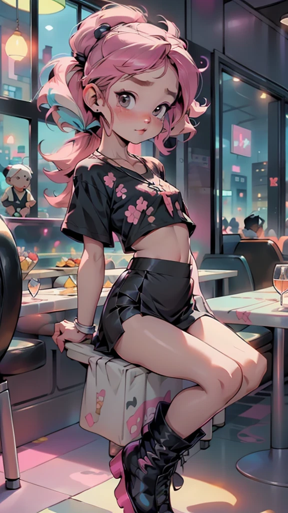 black long hair, pink highlights, pail skin, cross necklace, black rock shirt, black mini skirt, black platform boots, in a restaurant booth, city lights, kawaiitech, pastel colors, kawaii, cute colors,((flat chested, flat stomach, baby face)), (intense colors)