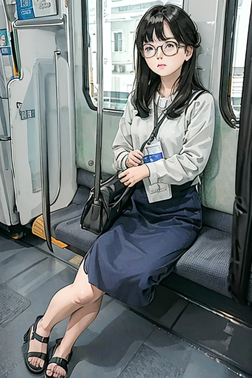 highest quality、masterpiece、High sensitivity、High resolution、detailed、Glasses、Looking up、Embarrassed face、Shyly、Sitting on the train、