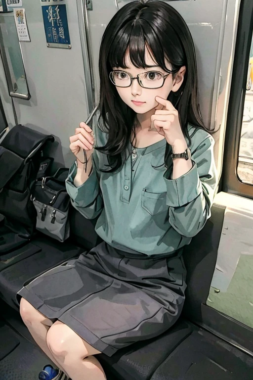 highest quality、masterpiece、High sensitivity、High resolution、detailed、Glasses、Looking up、Embarrassed face、Shyly、Sitting on the train、