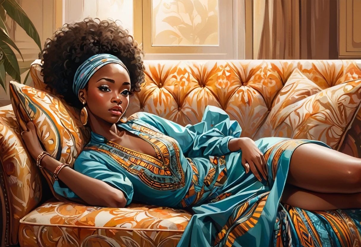 A young African lady falling slipped off a sofa, (masterpiece best quality:1.2) delicate illustration ultra-detailed, indoor