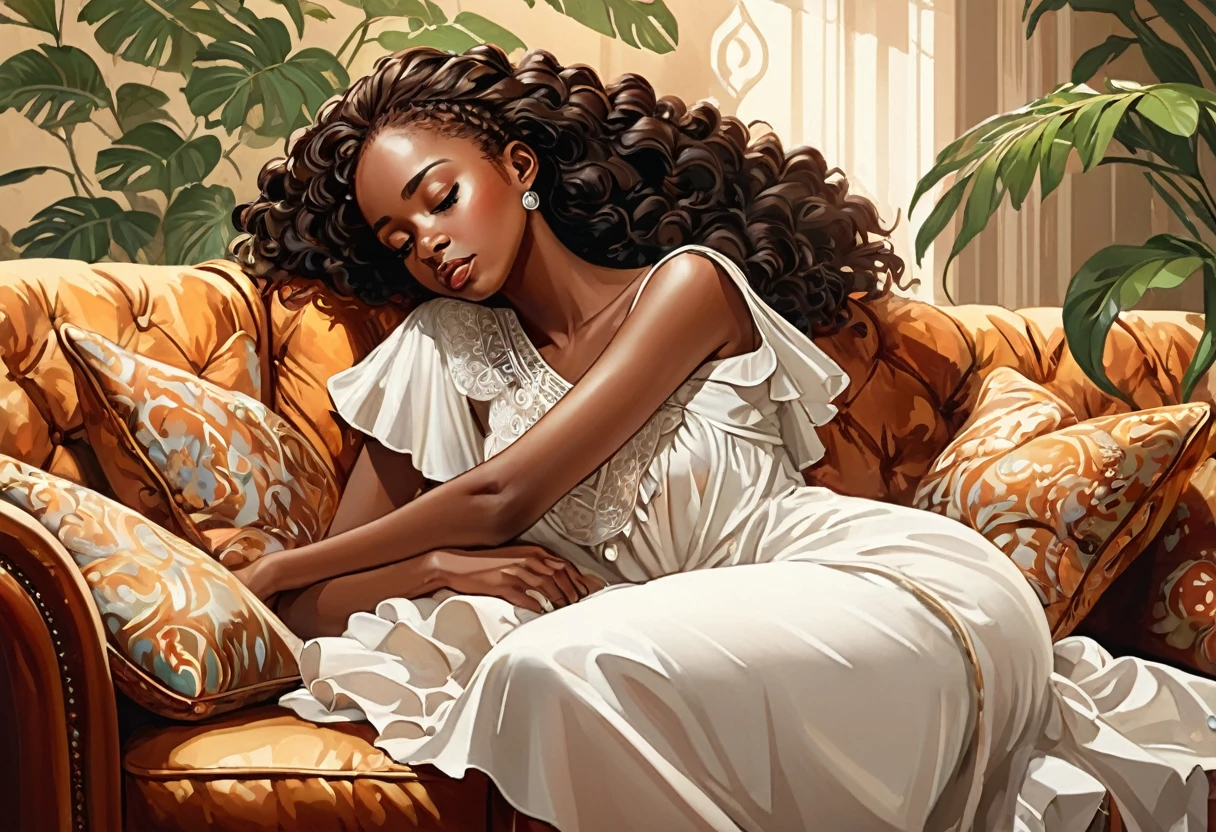 A young African lady fainted on a sofa, (masterpiece best quality:1.2) delicate illustration ultra-detailed, indoor