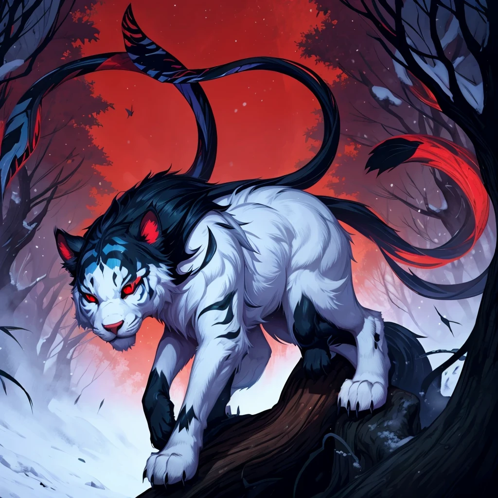 White wool, Red eyes, against the backdrop of a snowy forest