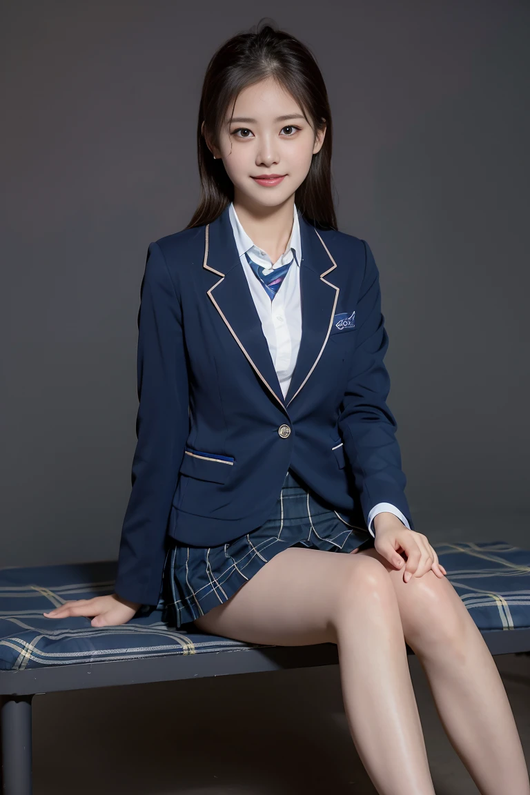 (8k), (highest quality: 1.2), (Realistic), (Realistic: 1.37), Ultra-high resolution, (1 girl), cute, blush,Embarrassed smile, Beautiful details, Beautiful Nose, straight Hair, Giant Dulcefo, pork, Thighs，Self Snap,University Uniforms,(A simple dark blue blazer:1.4),(Pleated skirt:1.2),(The skirt and tie are black tartan check pattern.:1.3),(Sitting:1), Sit on the bench,(Hold my feet:1),(Shiny 太い legs:1.2),from the front,knees