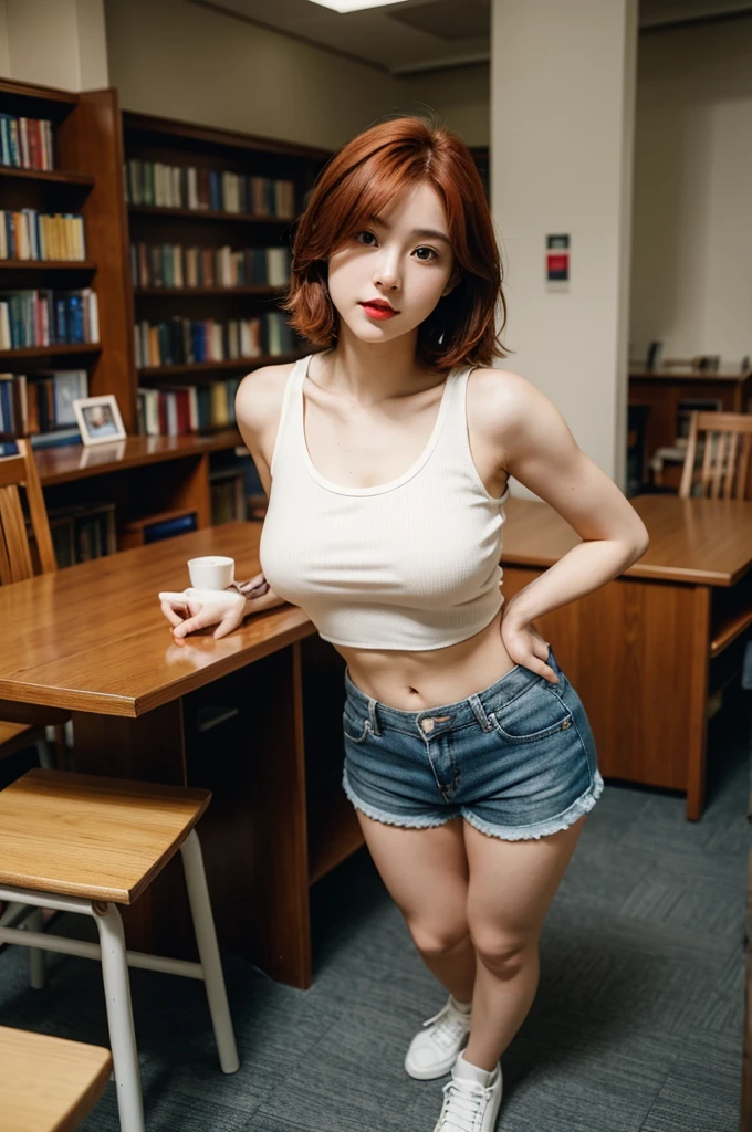 A very cute girl, solo, young, wearing tank top and short pants, big breasts, white and smooth skin, standing, full body, red lip, medium hairs, at library, realistic face