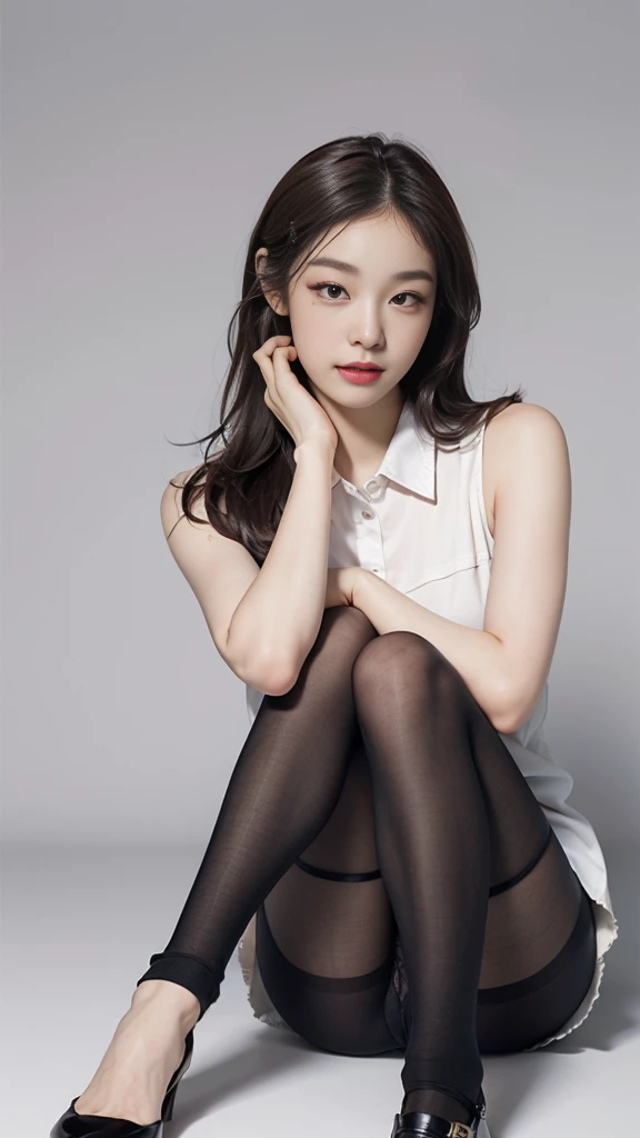 Highly detailed CG Unity 8k wallpaper, top quality, super detailed, masterpiece, realistic, photorealistic, highly detailed cute girl, 25 years old, (secretary), blush, parted lips, round eyes, medium breasts, viewer, half body shot, (show panties), panties under pantyhose, office, sitting, legs crossed