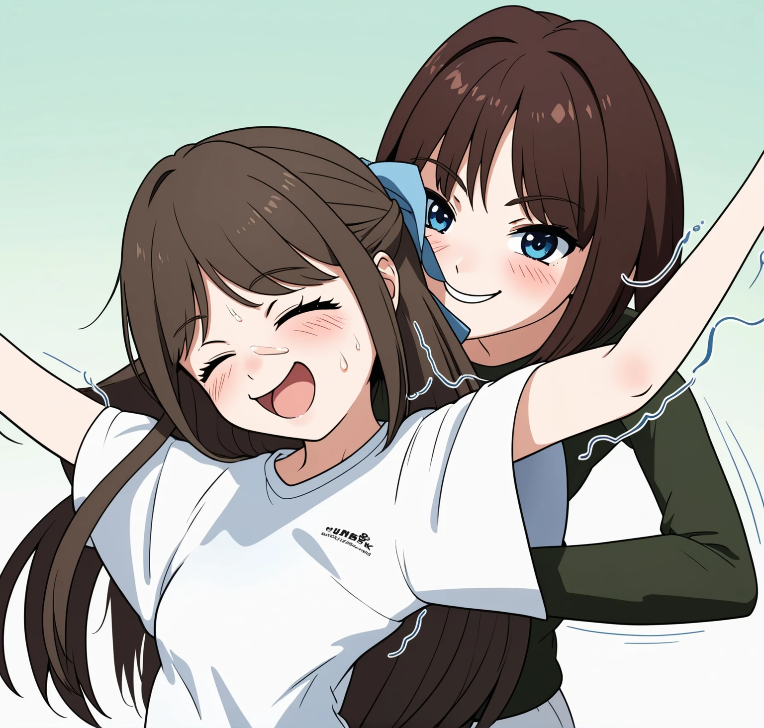 two extremely delicate and beautiful girls,Girl in white shirt raising her arms,The other girl put her hand into the sleeve of the girl in the white shirt with a sly smile,(laughing:1.4),(big mouth:1.1),open mouth,happy,(frown:1.3),crazy smile,(pain face:1.2),blush,tears,sweat,(tickling armpits),((trembling)),(((masterpiece))), (((best quality))), (official art), ((extremely detailed CG unity 8k wallpaper)), (Best character details), ((ultra-detailed)), (illustration), (dynamic angle),