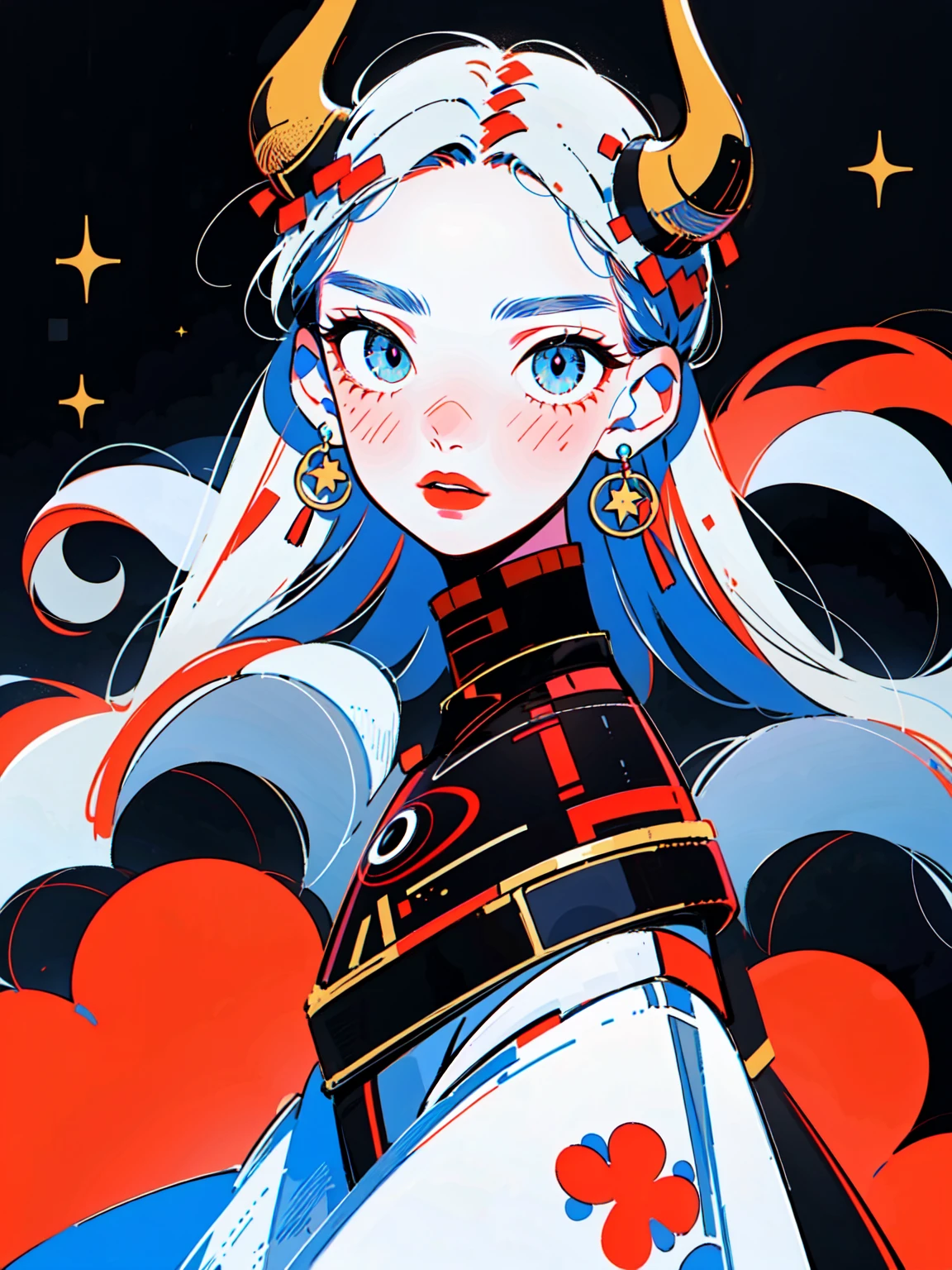 4lb1n0, 1girl, interstellar red hair, Big eyes, Flower pattern on eyes, Pupil shape, glowing galaxy blue eyes, asteroid belt earrings, shimmering silver dress, matte crimson lips, portrait with intense gaze, black hole background, masterpiece, best quality, cut3h0rnstyl3, facing forward, horns, (Astral Enigma)