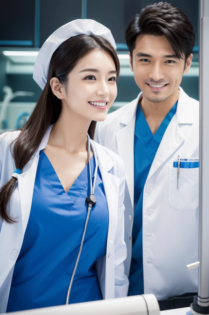 Male dentist and female dental hygienist 2people A good business partner No mask 日本people系 Wearing a lab coat Wearing medical scrubs Upper body close-up high resolution high resolution highest quality smile front Upper body close-up Stick
