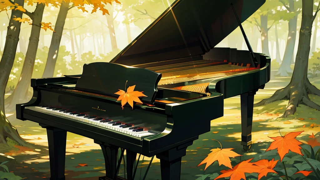 A grand piano placed in a forest of green autumn leaves with sunlight filtering through the trees、The soft sunlight filtering through the trees makes it sparkle.、One grand piano、There is no one、新海誠風のAn illustrationタッチで、粗いanime風に、anime、An illustration、Green fallen leaves、Black Grand Piano、The only grand piano、Green leaves are falling