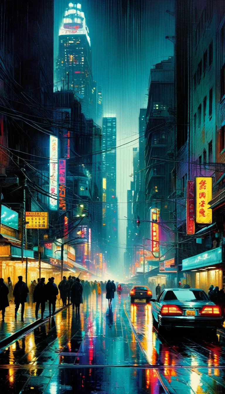 a bustling city at night, inspired by the art of Bill Sienkiewicz, detailed oil painting with visible brush strokes, high depth, cinematic lighting, vibrant neon colors, dark moody atmosphere, gritty urban landscape, architecture, skyscrapers, neon signs, reflections on wet streets, crowds of people, motion blur, dramatic shadows, (best quality,4k,8k,highres,masterpiece:1.2),ultra-detailed,(realistic,photorealistic,photo-realistic:1.37),cinematic composition,dramatic lighting,moody atmosphere,gritty realism,vivid colors,volumetric lighting,intricate details,impasto brushwork