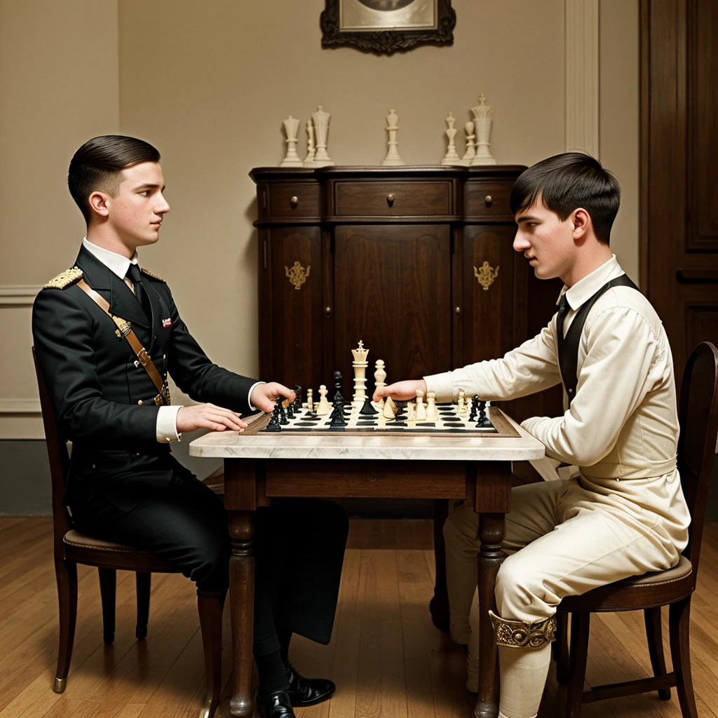 Young Naepoleon Bonaparte and Young Hitler playing chess together on table in classic dress