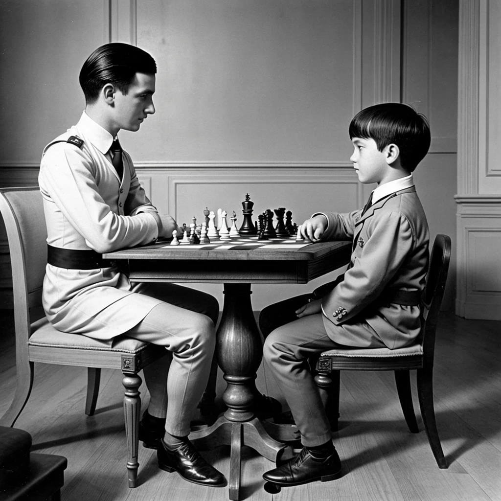Young Naepoleon Bonaparte and Young Hitler playing chess together on table in classic dress