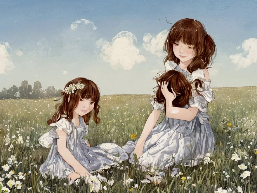 a girl with brown hair, brown eyes, blue long-sleeved dress, sitting in a field of white flowers, pastel colors, style flat color minimalist illustration