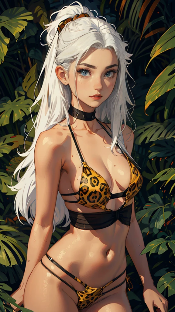 (Highly quality, masterpiece, detailed), Jungle detailed scenario, Jungle detailed background, 20 years old girl, solo, shantsd2023, 1 girl, loincloth, leopard print, white hair, toned, navel, perfect face, beautiful eyes, perfect eyes, looking at the viewer, Sexy pose