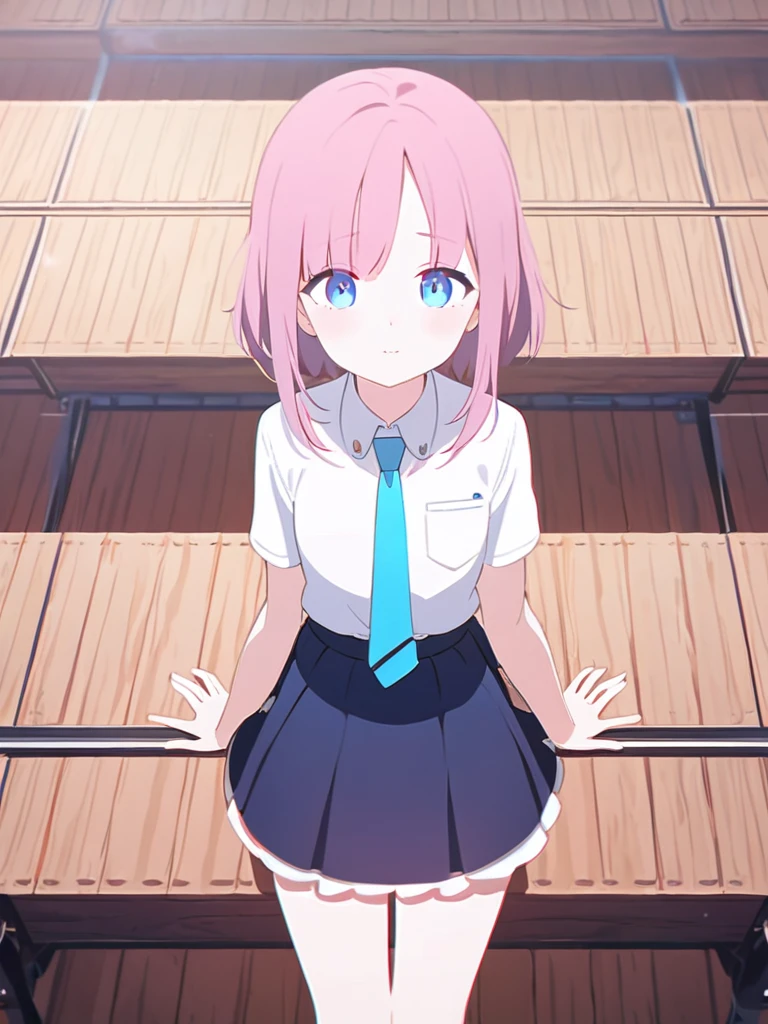 One girl、Standing on a wooden stage、Wearing a white shirt、Wearing a light blue tie、Wearing a dark blue skirt、Dark pink hair、blue eyes、Arms are placed at the sides of the body、looking at the camera