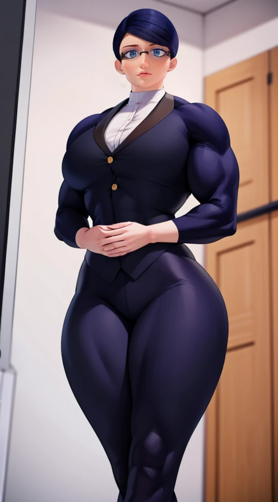 a muscular female bodybuilder in office suit, detailed face, beautiful detailed eyes, beautiful detailed lips, extremely detailed face and muscles, long eyelashes, strong muscles bulging through suit, dynamic pose, professional studio lighting, hyperrealistic, 8k, high quality, photorealistic, physically-based rendering, concept art, dramatic color palette