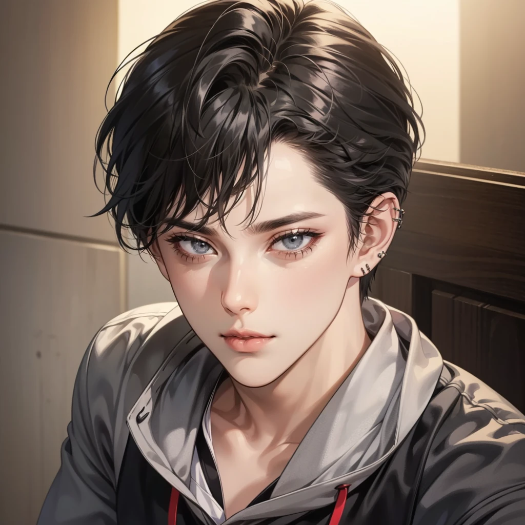 a mature man, 25 years old, extremely detailed face, ((dark grey eyes)), ((center-parted black hair)), stylish casual fashion, left ear piercing x2, in a serene and alluring pose, anime style, masterpiece, best quality, 8k, highres, realistic, photo-realistic, ultra-detailed, vivid colors, studio lighting