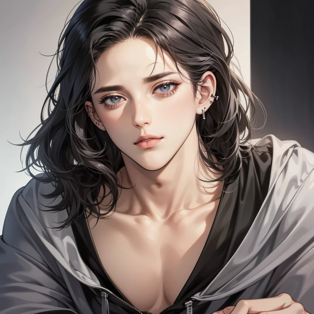 a mature man, 25 years old, extremely detailed face, ((dark grey eyes)), ((center-parted black hair)), stylish casual fashion, left ear piercing x2, in a serene and alluring pose, anime style, masterpiece, best quality, 8k, highres, realistic, photo-realistic, ultra-detailed, vivid colors, studio lighting