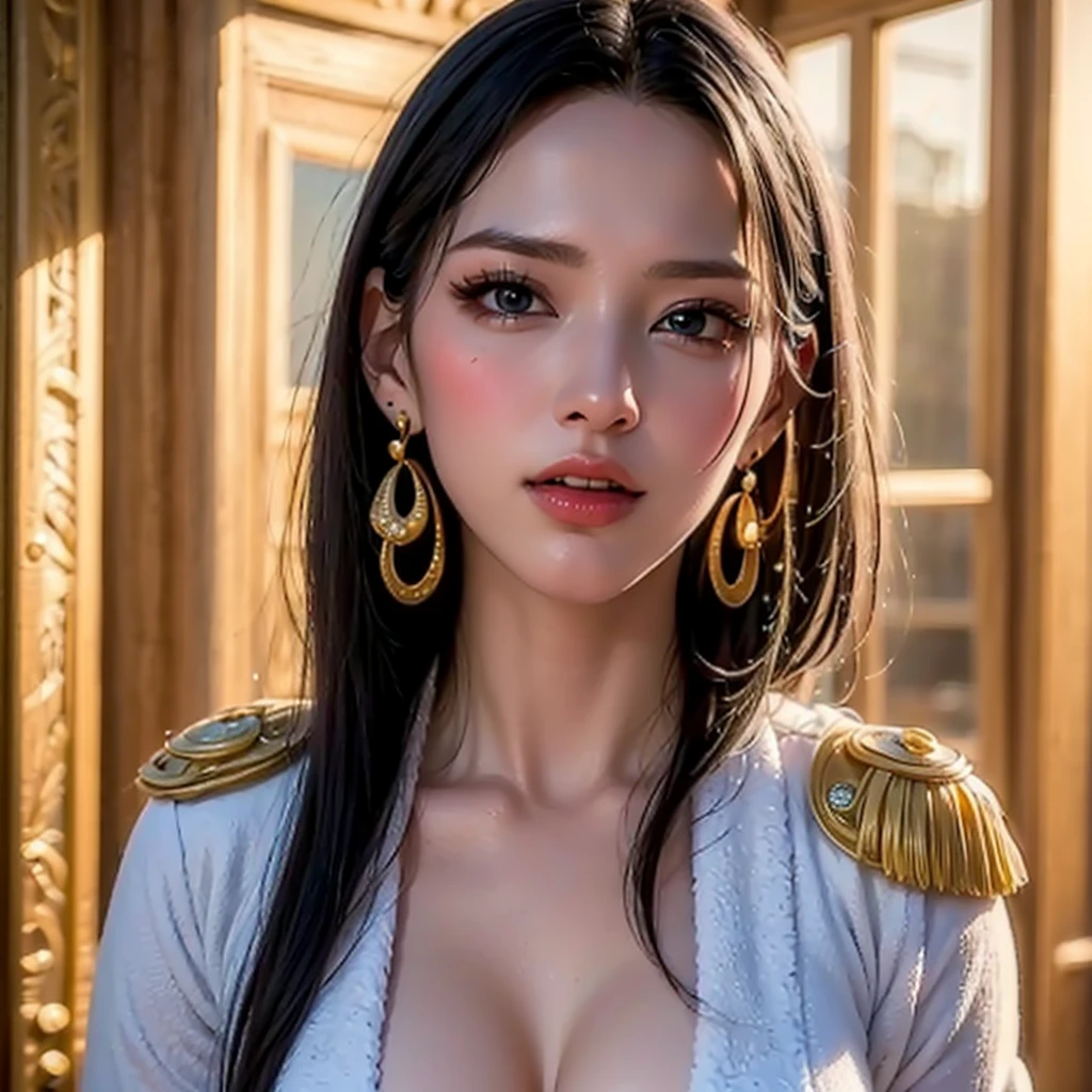 (masterpiece), (highest quality), (Realistic), Nikon RAW Photos, Fujifilm XT3,  (detailed, A 21-year-old young female captain, Big eyes, snake gold earrings, avert your eyes), Sensual, (ultra detailed), 8k, 4K, Complex, upper_body, detailed_face, Best lighting, 屋outside, compensate, Bleach Background, Low rise,(masterpiece, highest quality:1.4), (face focus:1.5), outside, (Close to the sea), One girl, alone, Hancock 1, One girl, Boa Hancock, Big Breasts, Cleavage, Long Hair, Epaulettes, Cape, (white Cape:1), Crop top, Long sleeve, Side slits, (Young European Woman:1), View your viewers, Beautiful smile, beautiful face, highly detailed face, highly detailed eyes, subsurface scattering, Realistic pupils, full face blush, Fuller lips, detailed background, Depth of written boundary, Volumetric lighting, Sharp focus, Absurd, Realistic proportions, (Realistic, hyperRealistic:1.4), 16K HDR
