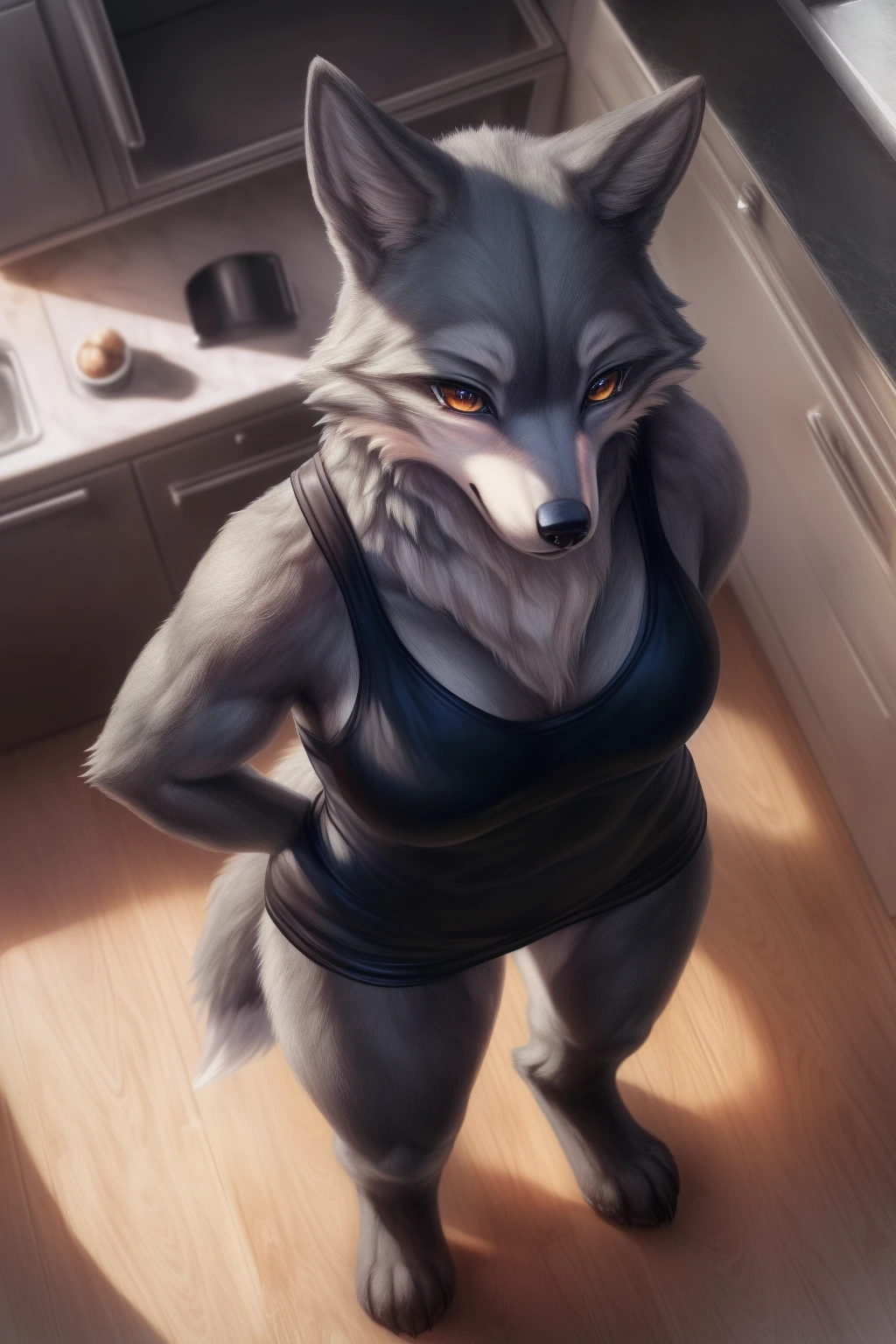  (8K, Masterpiece, high resolution, super fine illustration:1.3), (cool, beautiful, mannish:1.5), fluffy, perfect anatomy, detailed background, (solo, gray fur, 1 female wolf kemono:1.5), at kitchen, (black camisole, black panty:1.25), (standing, from above:1.75)