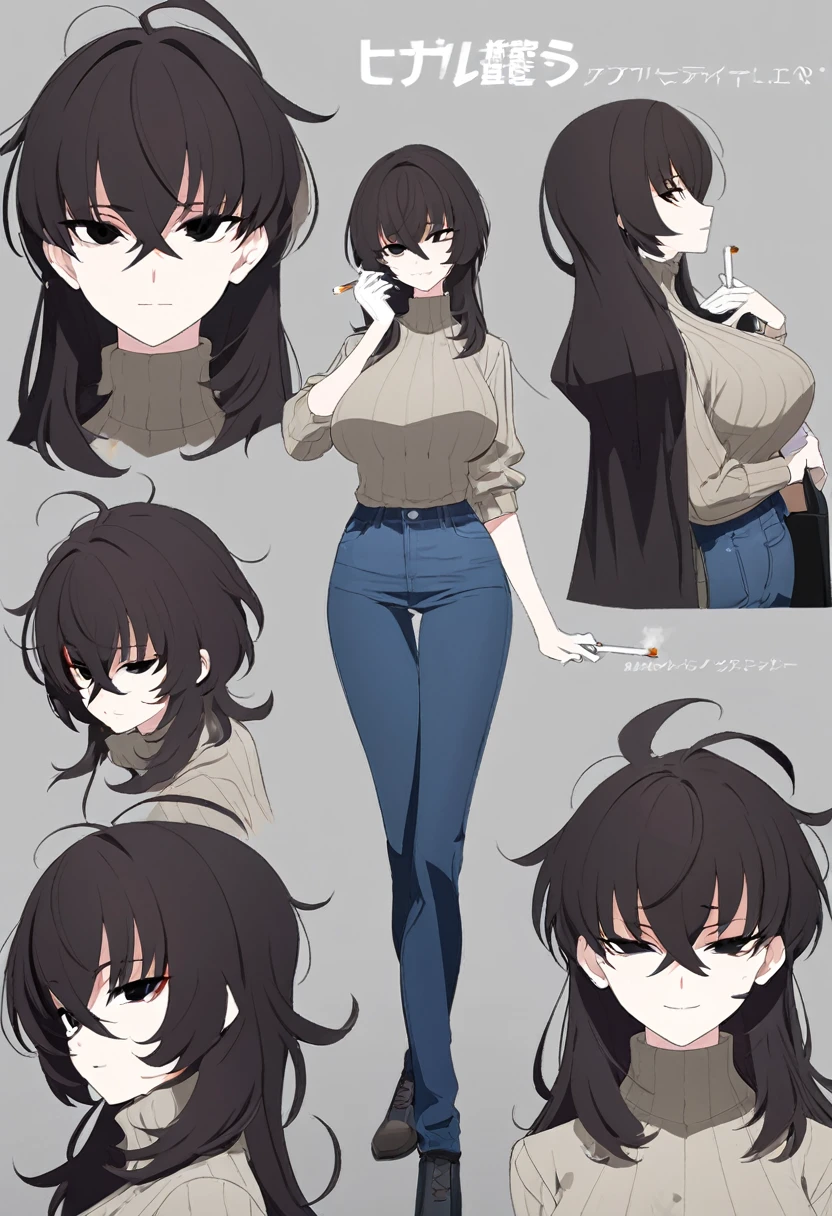 One Woman,Downer,older sister,Concept Art,Dark brown hair,Straight hair with slight inward curls,Staring eyes,Eye Ridge,black eye,Crossed bangs,whole body,smile,Larger breasts,Gray background,Bangs that reach down to the eyes,Messy hair,Perfect dark jeans,Light brown turtleneck sweater,Multiple views of the same character,Character Design,Dark circles under the eyes,Bad look,Listless,Sloppy,accessories,Cafe staff,Holding a cigarette,whole bodyCharacter Design,Detailed hands,