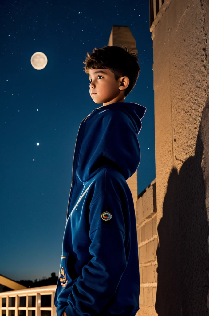 Un chico con sudadera de capucha mirando hacia la luna llena,el esta abajo y la luna esta muy arriba