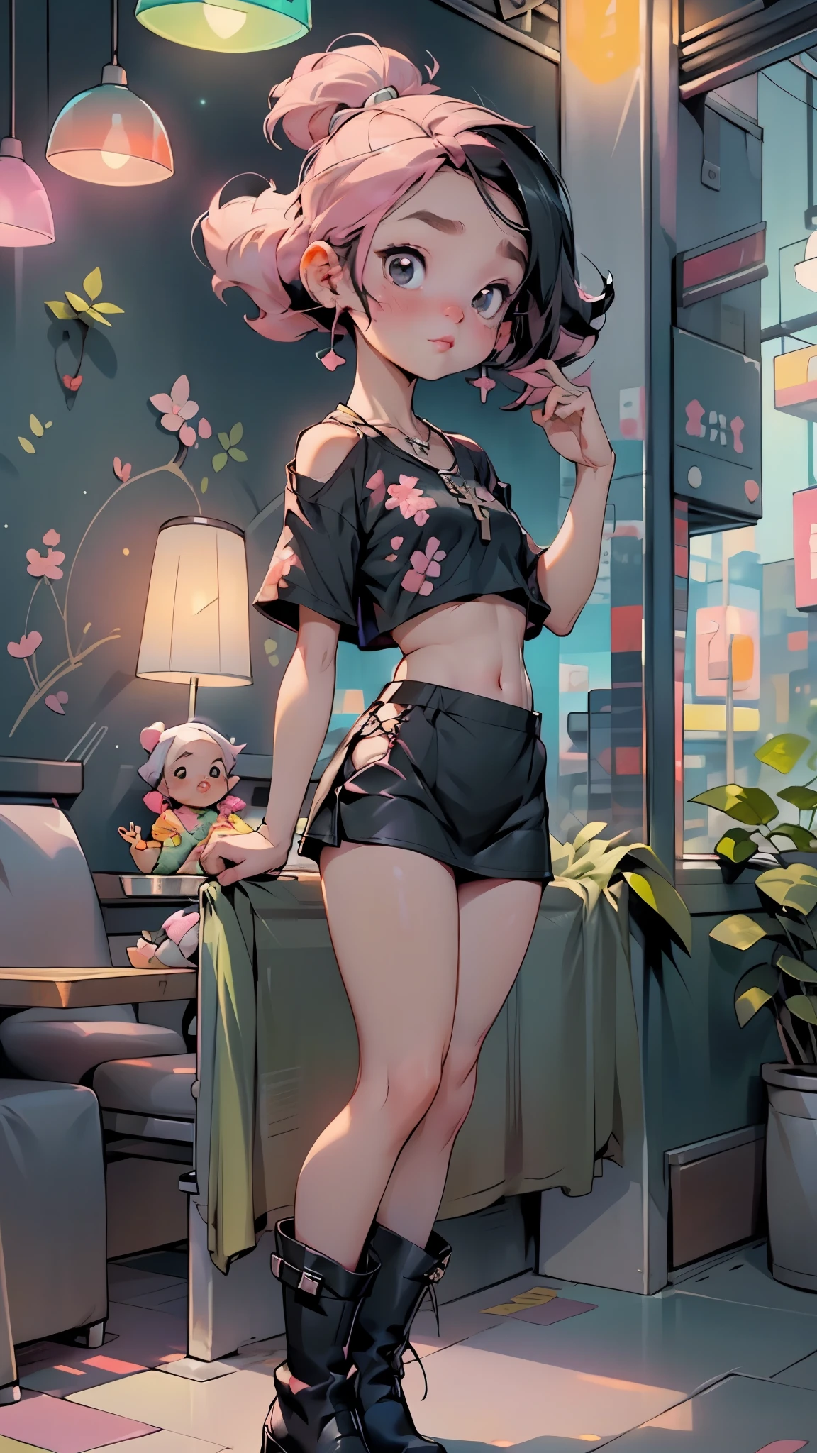 black long hair, pink highlights, pail skin, cross necklace, black rock shirt, black mini skirt, black platform boots, in a restaurant booth, city lights, kawaiitech, pastel colors, kawaii, cute colors,((flat chested, flat stomach, )), (intense colors)