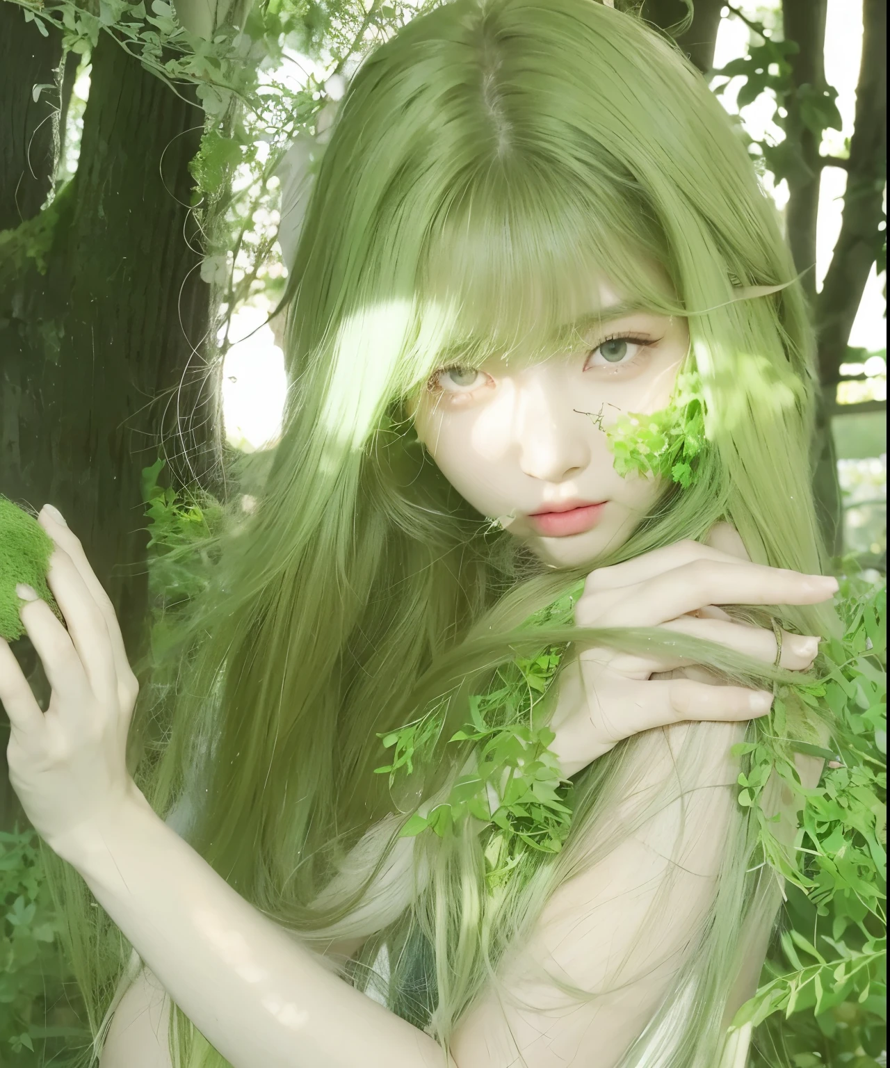 masterpiece,Best quality,一头绿色Long straight hair的女孩在森林,Green hair,Long straight hair,Flowing long hair,Elf Girl,A girl,Exquisite facial features,