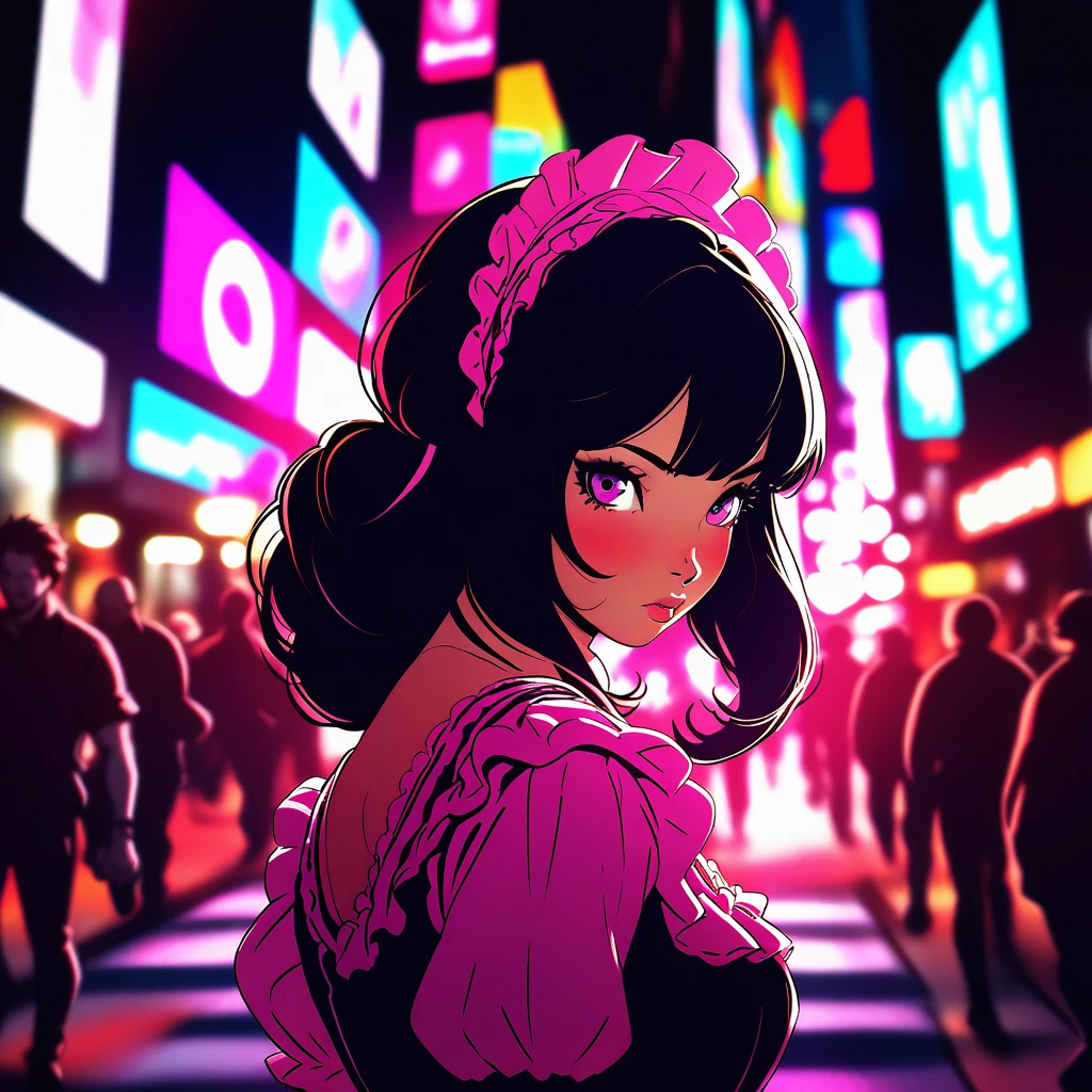 A man standing on the streets of Shibuya，Girl wearing colorful lolita style clothing，The background is flashing neon lights and bustling crowds， Ilya Kuvshinov style，Fine details，Energetic