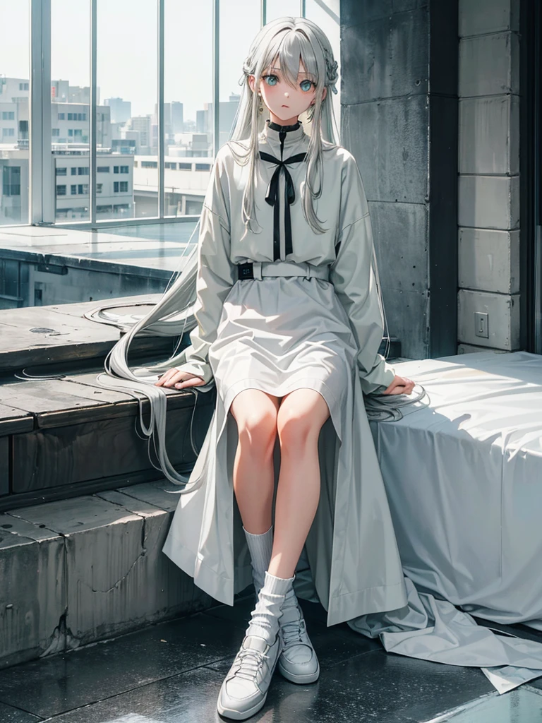 Like that, long gray hair, long clothes down to the knees, wearing socks, what's the name of the expensive ones, and white shoes, light green eyes?