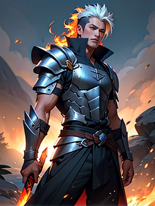 masterpiece, highest quality, Realistic, 1人のmaleの子, male, 筋肉質の黒い肌のmale性, frost armor, Fire Sword, Elemental Warrior, Mage Slayer, dynasty