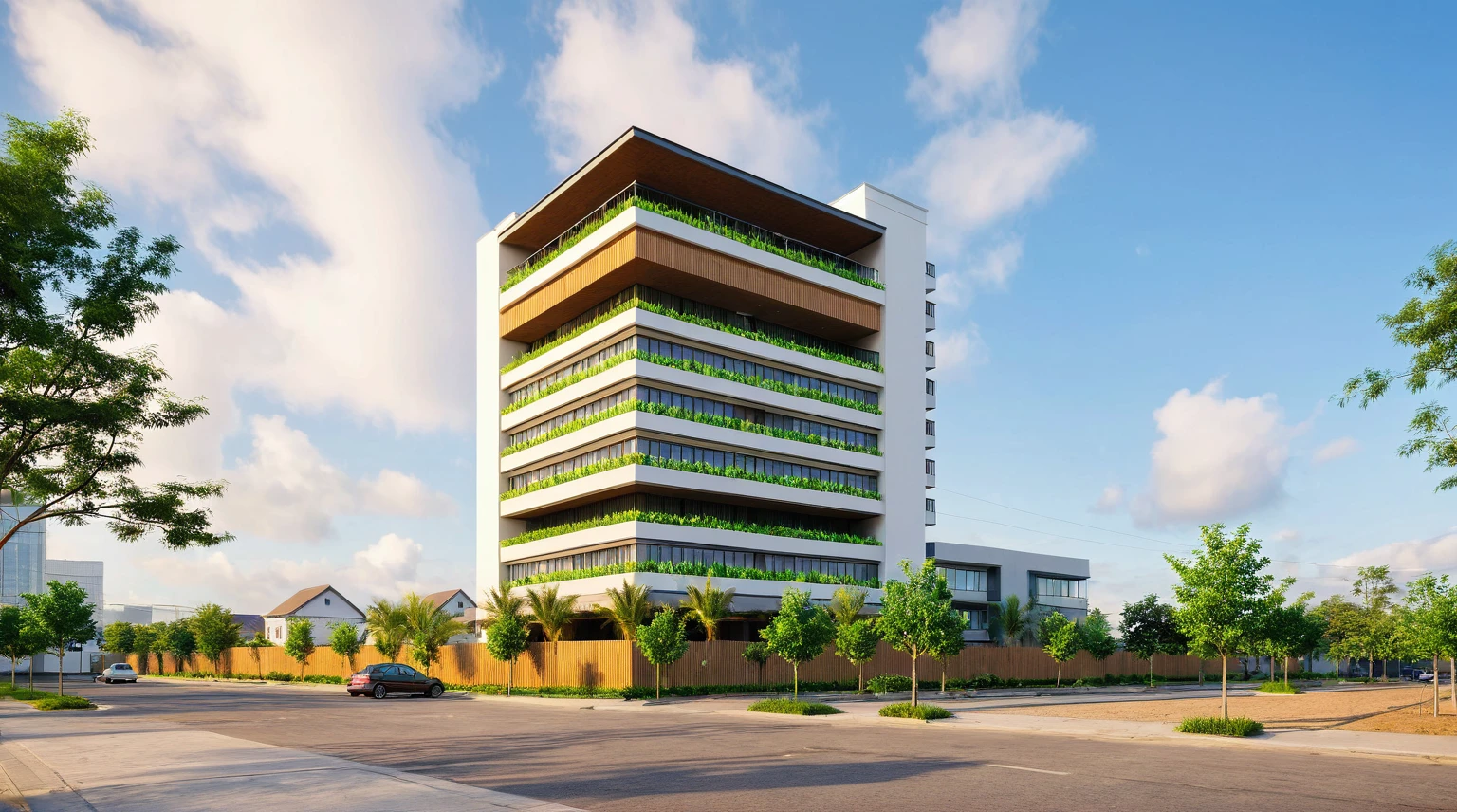 Raw photo,Masterpiece, high quality, best quality, david chipperfield,  won architectural prizes, , authentic, super detail, soft lighting, high quality, exterior, outdoors, hospital style modern on the street vietnam road,pavement, grass, trees, blue sky, cloud, (day:1.1), vivid colour, (realistic:1.2), unreal engine 5, vray tracing, vivid colour, (realistic:1.2), unreal engine 5, Tropical style, lush and tropical vibes, vibrant and bold colours, natural materials, rattan, bamboo, botanical patterns, breezy and relaxed atmosphere, vacation-like ambience, street scene


