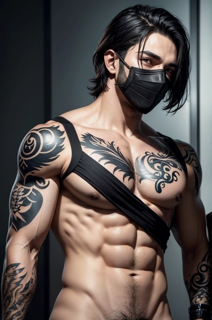 Personagem masculino adulto estilo gamer Free fire, com o cabelo branco, olhos azuis tipo fogo, shirtless black mask with written tattoo "ARES"
