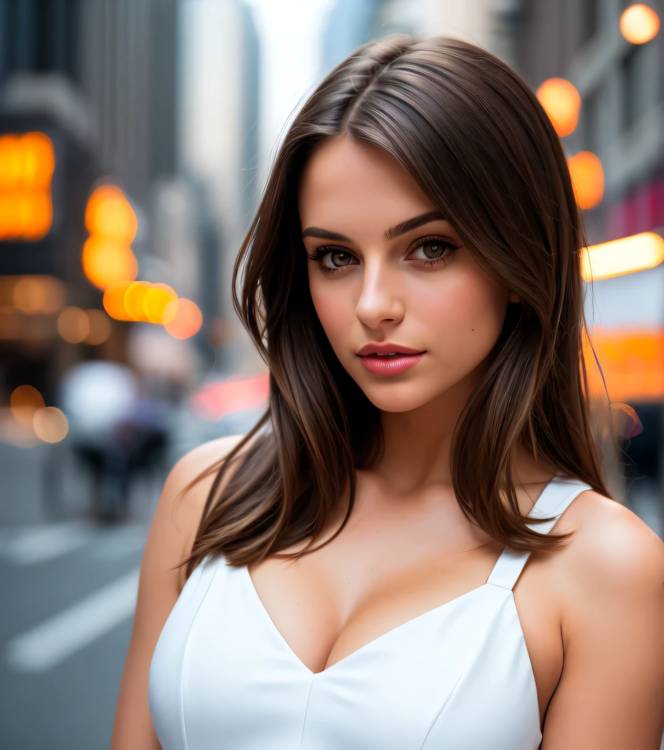 photography of stunning girl, in the city, enjoying, girl, summer, hot girl, (((medium bust))), brunette hair, long_hair, looks into the camera, symmetrical face, photorealistic, photography, spectacular lighting,, gorgeous, cleavage, western, (masterpice), best quality, high resolution, extremely detailed, skin with pores, blurred background, depth of field, cinematic lighting