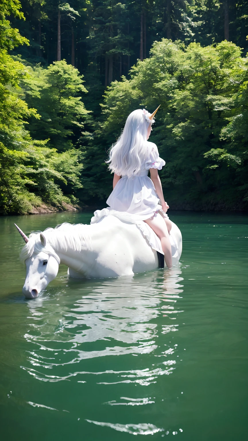A pure white unicorn floats on the surface of a lake deep in the forest.、A virgin woman rides on the back of a unicorn