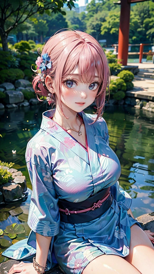 ((Highest quality, 8k, masterpiece :1.3)), (Sharp focus :1.2, Beautiful woman with perfect figure :1.4, Slim Abs), ((Big Breasts, Emphasize cleavage:1.2)), (Photorealistic:1.4), (realistic:1.4), (Pink Hair:1.5), Highly detailed face and skin texture, Fine grain, double eyelid. Makeup face, A little bit of lipstick, sex appeal, Sexy gravure pose, ((A woman wearing a purple yukata、Sitting in front of a stone lantern in a Japanese garden at night、She smiles gracefully while showing off her legs.。:1.3))