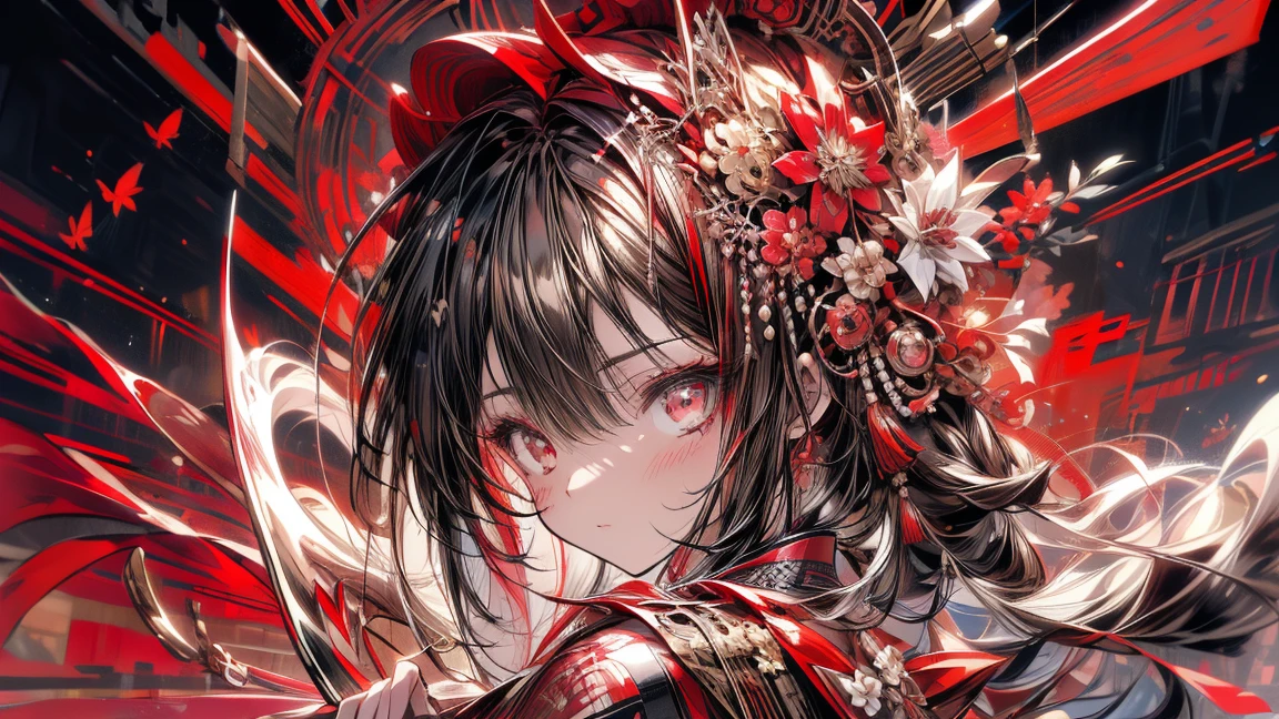 World of Crimson Red, A geisha-like girl in a red kimono, Very beautiful kimono, Large-scale murals, multi-level elements, Red Sky, Red Japan architecture, Red gradient, アニメ壁紙 cute赤いランタンガール, Highly detailed face, cute, In the style of a landscape environment, Japanese Landscape, dark red and bright red,,, dark burgundy and bright crimson color,,, Digital art techniques --ar 5 7 --niji 5 --beautiful style,