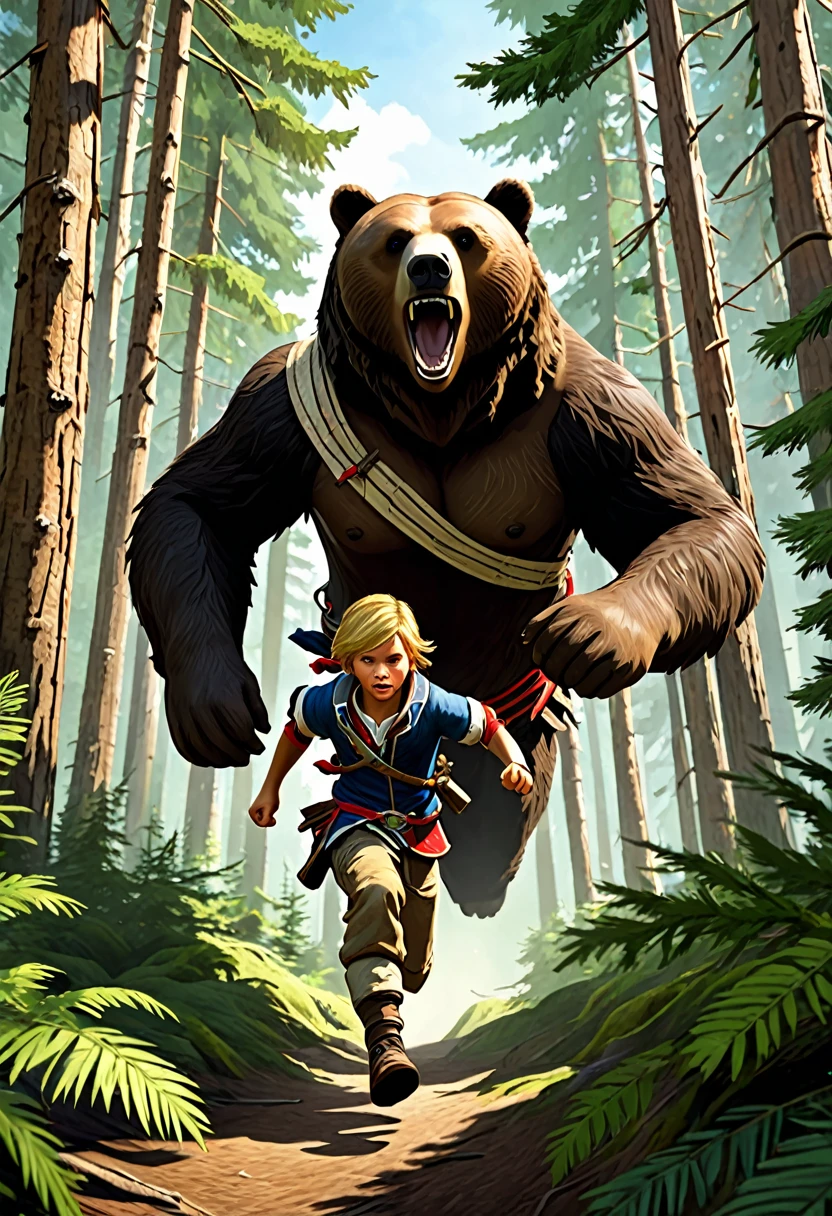 En la imagen, We see a young 10-year-old Edward Kenway running at full speed through a thick coniferous forest. His face reflects fear and determination as he is closely pursued by a towering brown bear.. The bear's dark, shiny fur contrasts with the deep green of the trees and the moss-covered ground.. Broken branches and leaves flying in the air give the feeling of movement and tension in the scene. Edward lleva puesta su camisa blanca y pantalones azules, His hands now dirty and scratched by the desperate race. The sun filtering through the treetops illuminates the scene with a golden light, creando un ambiente de peligro y adrenalina.