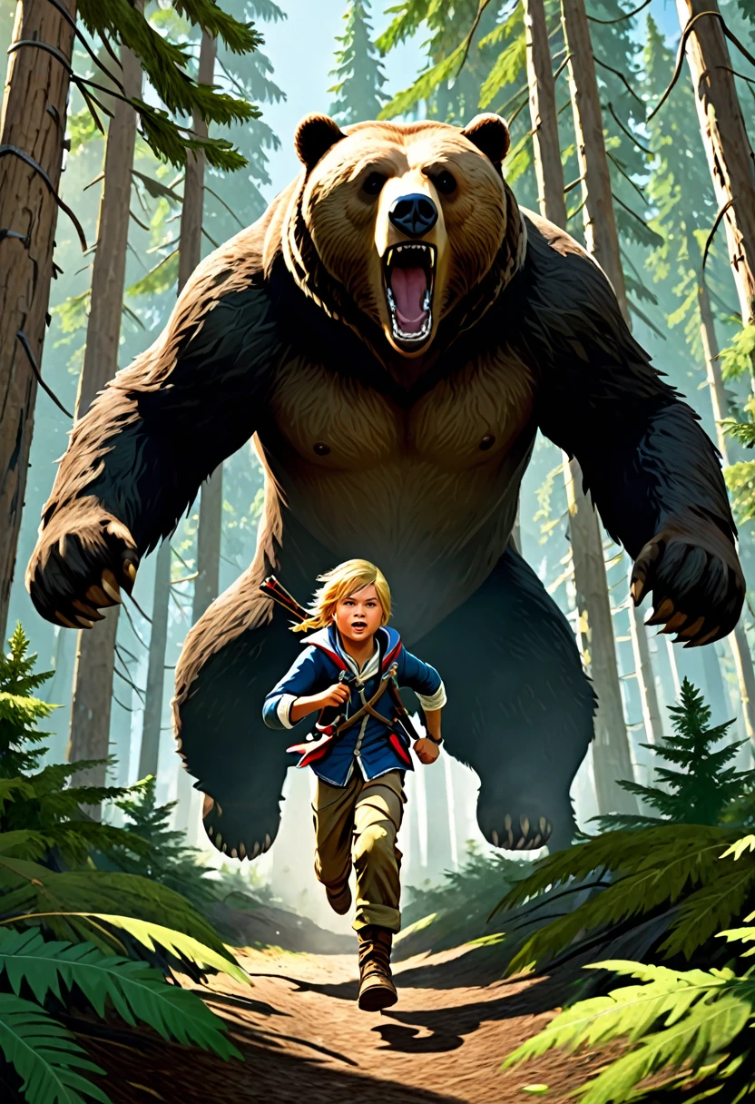 En la imagen, We see a young 10-year-old Edward Kenway running at full speed through a thick coniferous forest. His face reflects fear and determination as he is closely pursued by a towering brown bear.. The bear's dark, shiny fur contrasts with the deep green of the trees and the moss-covered ground.. Broken branches and leaves flying in the air give the feeling of movement and tension in the scene. Edward lleva puesta su camisa blanca y pantalones azules, His hands now dirty and scratched by the desperate race. The sun filtering through the treetops illuminates the scene with a golden light, creando un ambiente de peligro y adrenalina.