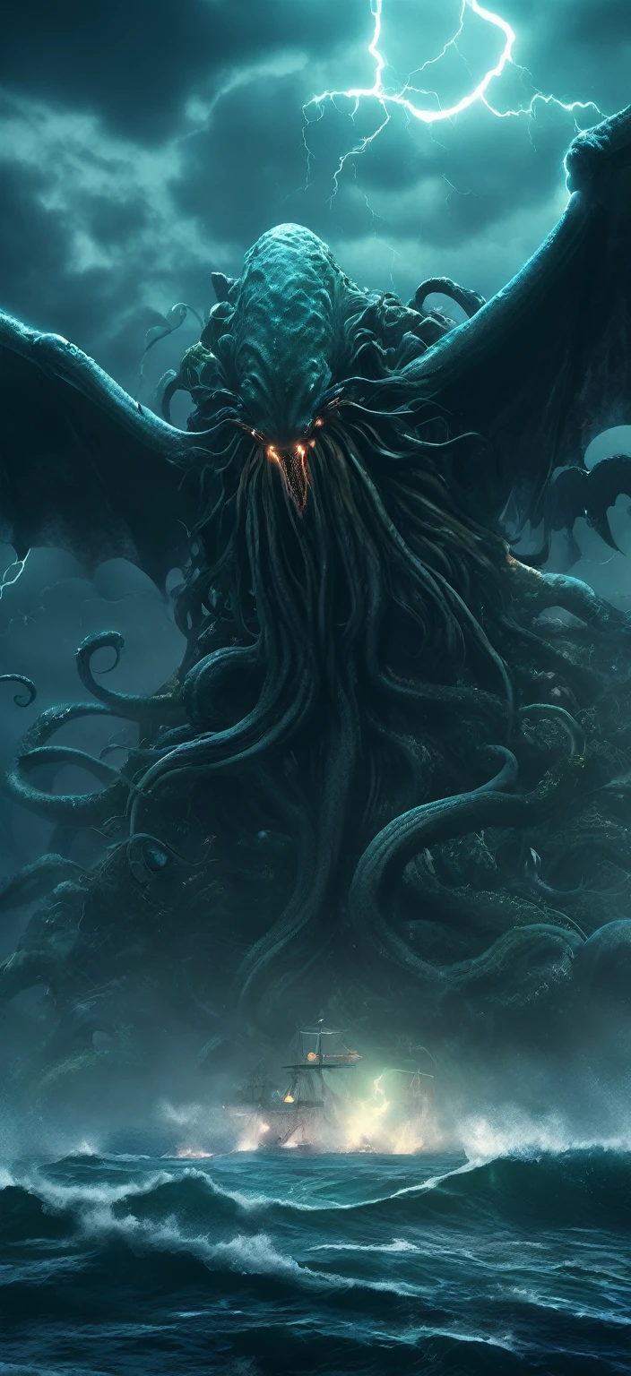 Cthulhu in the deep sea, bat wings on back, short wings, dim light, skull head, creepy tentacles, greenish tones, (illustration:1.2) (best quality) (detailed) (intricate) (8k) (HDR) (wallpaper) (cinematic lighting) (sharp focus), dark theme, fear