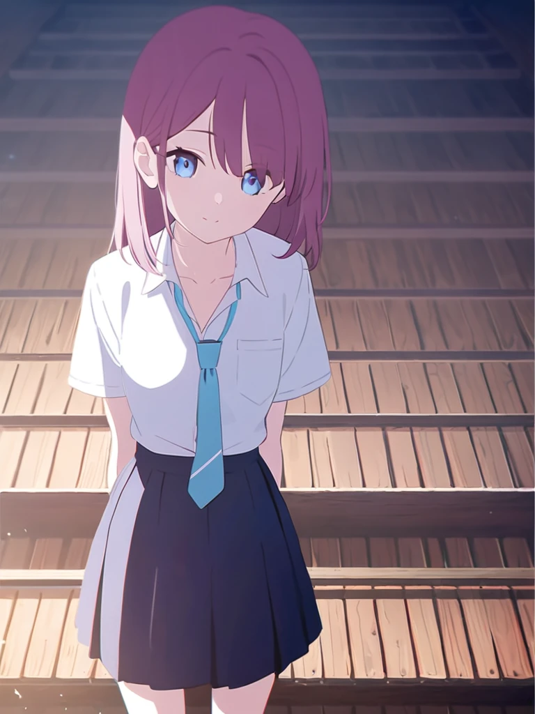 One girl、Standing on a wooden stage、Wearing a white shirt、The light blue tie is removed from around his neck.、Wearing a dark blue skirt、Dark pink hair、blue eyes、looking at the camera
