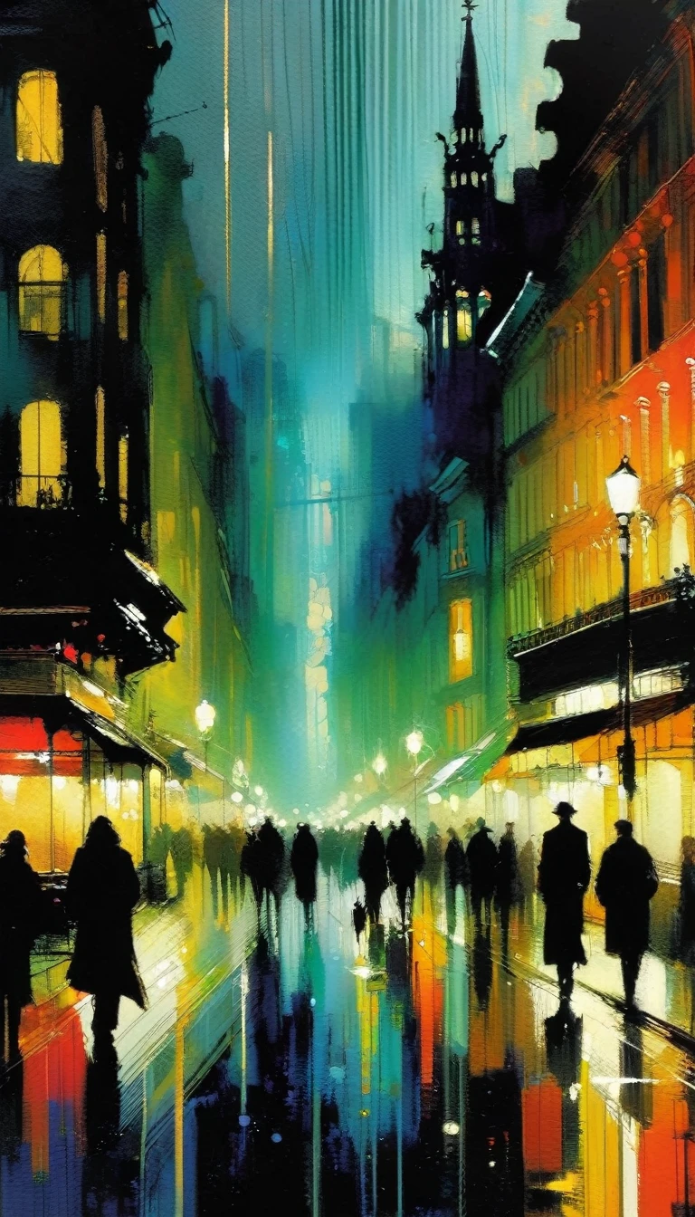 the bustling city, night, inspired in Brussels (art inspired by Bill Sienkiewicz). oil painting, details of brush strokes that enhance depth)