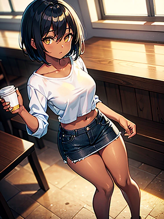 masterpiece, best quality, dark skin, short hair, yellow eyes, black hair, beautiful girl, casual clothes, thin, full body, plan boobs, short boobs, small , short chest, big butt, wide thigh, drinking coffee in a cafeteria, super soft lighting, daylight