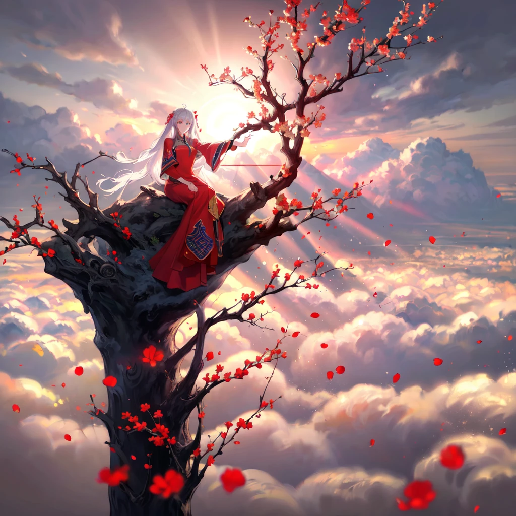 (masterpiece:1.2),best quality,PIXIV,Elaina,Chinese weddingdress,1girl,long hair,dress,branch,red dress,cloud,sky,petals,tree,red eyes,sitting,chinese clothes,white hair,flower,smile,