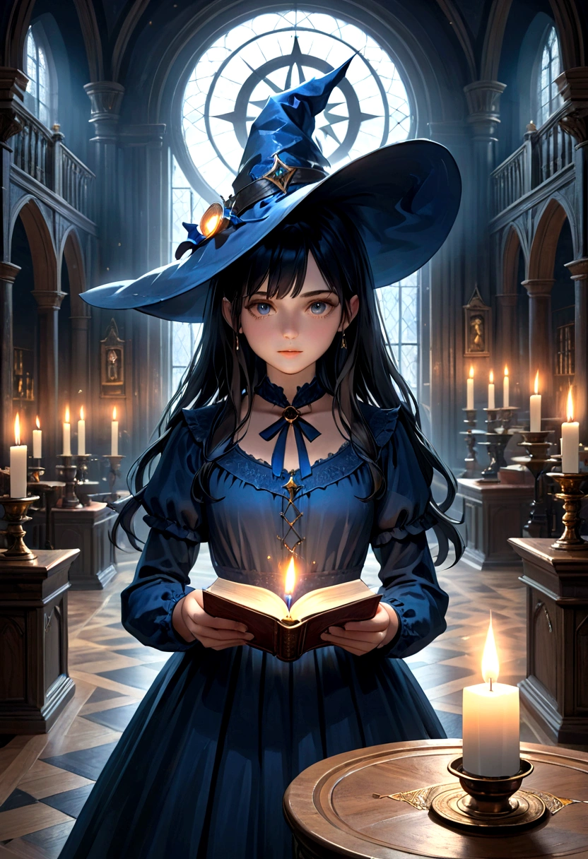 A mystical girl with long black hair, deep black eyes, wearing a navy blue witch's hat and dress, holding a book with a black magic circle, in a dimly lit European-style interior, with blue candle flames, (best quality,4k,8k,highres,masterpiece:1.2),ultra-detailed,(realistic,photorealistic,photo-realistic:1.37),dramatic lighting,intricate details,dark academia,fantasy,occult,moody,cinematic