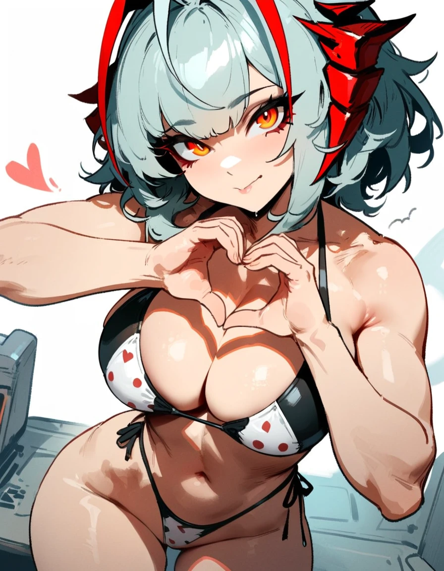 1girl, W \(arknights\), arknights \\\\\ masterpiece, best quality, very aesthetic, absurdres, newest \\\\\\ slim body,///// ,by nyantcha,cutesexyrobutts , by khyle,,////// ,,solo,, , ,,detailed face, , ,, , , , , beautiful face, (white background:1.2), , sexy, , orange eyes, , , rating:nsfw,heart shaped bikini, polca-dot bikini,big tits,), in the center of the frame, to tight swimsuit,short hair, highleg bikini, side-tie bikini , polca-dot, heart shaped hands