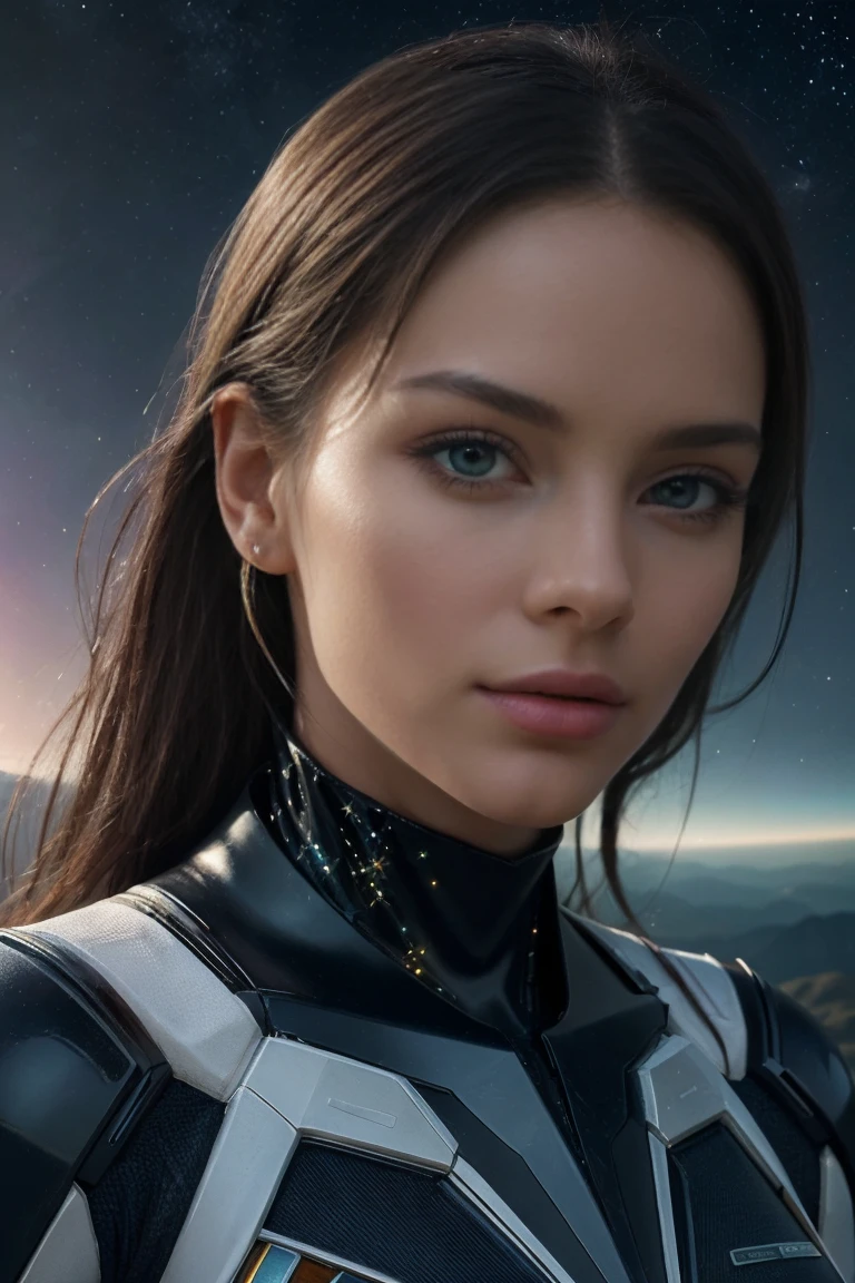 (highest quality,4K,8K,High resolution,masterpiece:1.2),super detailed,(realistic,photorealistic,photo-realistic:1.37),Science fiction,portrait,futuristic style,Bright colors,sharp focus,incandescent lamp,astral background,twinkling stars,beautiful,artistically expressed,high tech,extraterrestrial beautiful,soft lighting,Sparkling details,Cosmic color scheme,mysterious beauty,floating elements,celestial atmosphere,interstellar beauty,Nanofiber fabric costume,magical look,surreal atmosphere,perfect symmetry,seductive pose,grand perspective