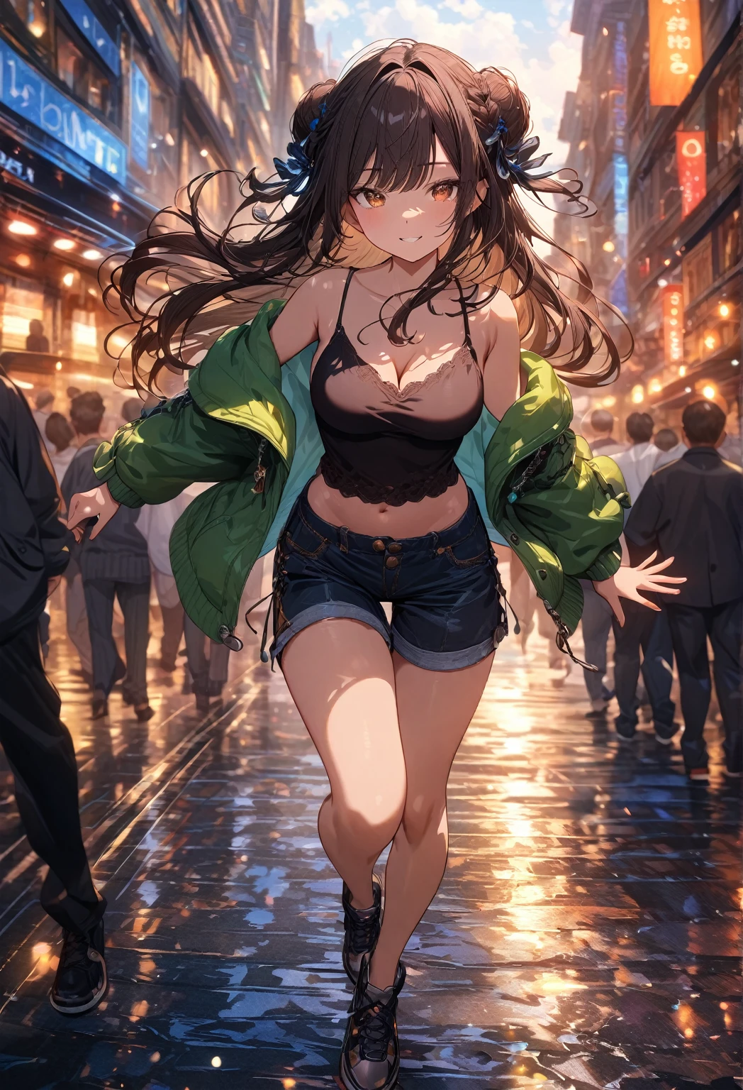 ((masterpiece:0), best quality, very aesthetic, newest, absurdres, detailed, high quality)
BREAK
highest quality, top quality, details, highres, ultra fine painting, digital art, official art, cinematic, 4k, 8k resolution, 8K CG wallpaper, CG, original artwork, detailed background, High Dynamic Range, blurry background, golden hour, blue hour, Starburst effects, crepuscular rays, good ISO, high resolution, wide shot, from far away, epic lighting, RAW photo, POV, sharp focus, lens flare, light reflection, reflections, light source, intricate details, hard light, particle noise, professional photography, bokeh, depth of field, good lighting, hard colors, looking away, detailed lights and shadows, stylish, ultra-detailed, Pixiv, trending art, niji style, modern-days, master crafted, pose
BREAK
solo, 1girl, a girl, correct fingers, detailed eyes, (medium big breasts:1.2), big thighs, short torso, short body, flushtered smile, warm happy expression, casual, (cute, slim), childish face, nice hips, nice body, brown hair, (long flowing hair:1.1), big 2 buns hairstyle, long bangs, long hair, middle hair bangs, brown eyes, dynamic pose, full body
BREAK
(black string tank top, off shoulder open green hoodie, tummy skin:1.1, open unbuttoned shorts, outfit ornaments)
BREAK
a close up of a person walking down a street with a crowd of people, crowded street, crowded streets, in front of a large crowd, giant crowd, girl walking through city, people walking down a street