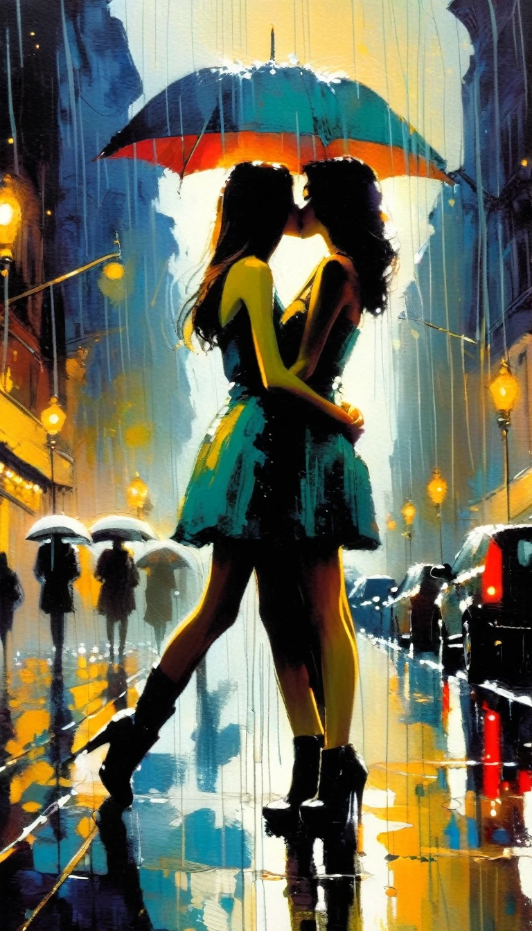 the bustling city,a couple of girls kiss in the rain, night, inspired in Brussels (art inspired by Bill Sienkiewicz). oil painting, details of brush strokes that enhance depth)
